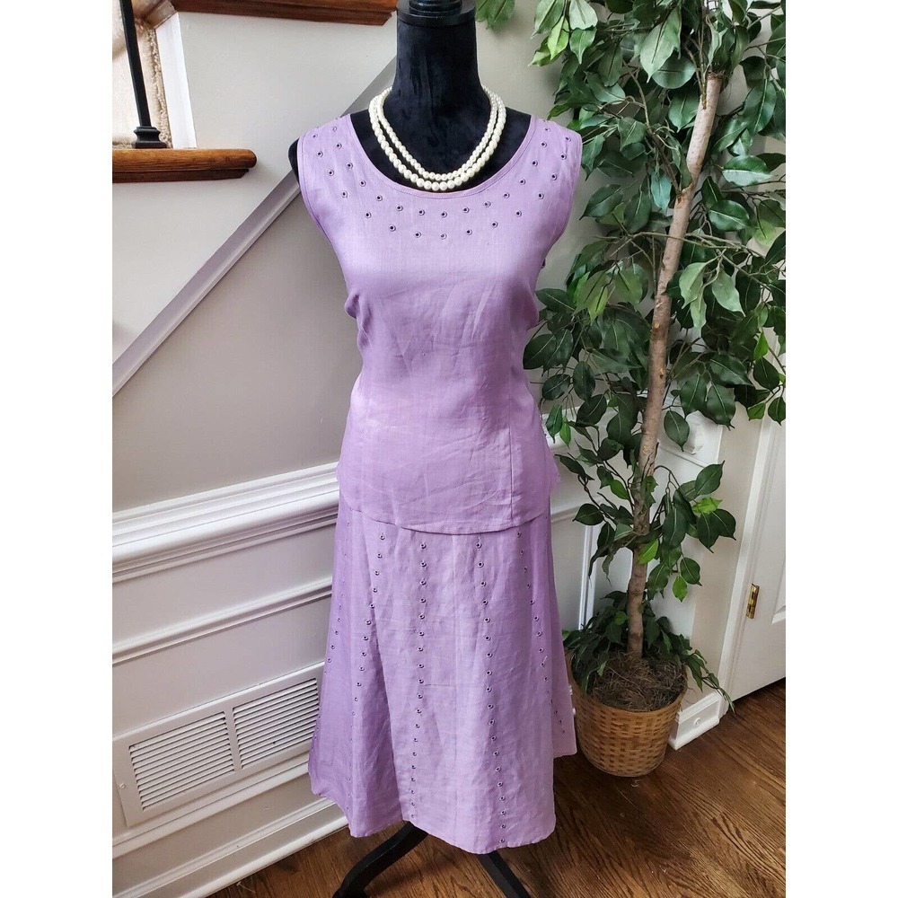 Night Studio Women's Purple Linen Round Neck Top & Long Skirt‎ 2 Piece Suit 10